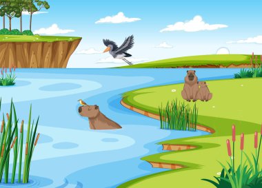 Nehir illüstrasyon yanında birçok hayvan