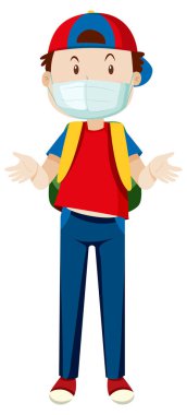 Beyaz arkaplan resimlerinde maske takan genç bir karikatür.