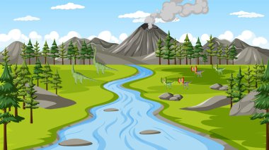 Tarih öncesi orman sahnesinde dinozor.