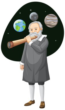 Beyaz arkaplan illüstrasyonunda Galileo Galilei çizgi film karakteri