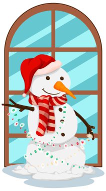 Pencere kenarında ışıkları olan kardan adam