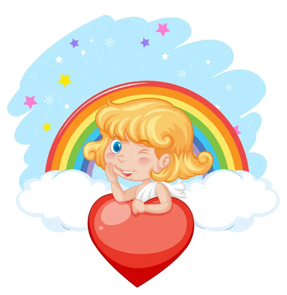 彩虹背景图上的红心天使女孩 — 图库矢量图片