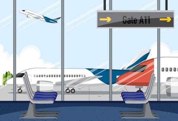 Terminal Aeroporto Vazio Com Avião Fora Ilustração —  Vetores de Stock