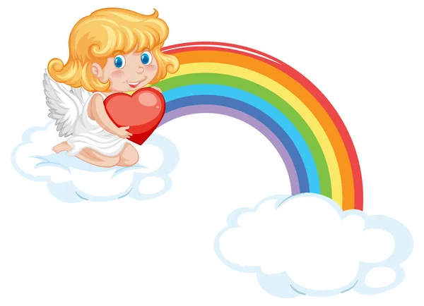 Angel Chica Sentado Una Nube Con Arco Iris Ilustración — Vector de stock