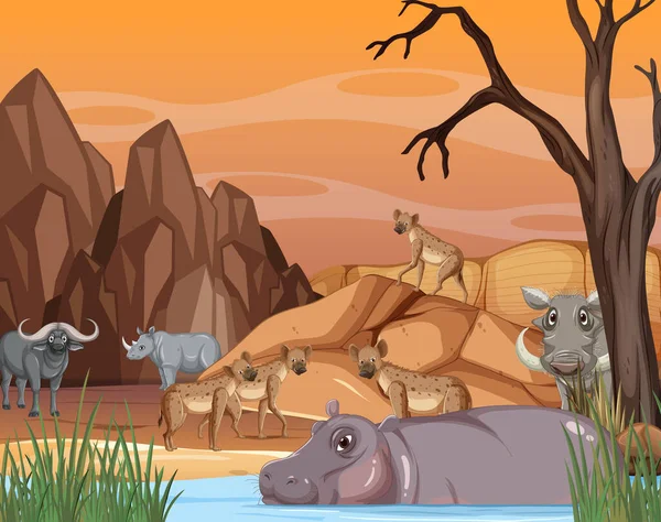 Savanna Forest Scene Wild Animals Illustration — Stock Vector
