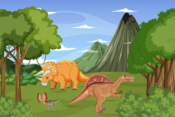 Dinoszaurusz Őskori Erdei Jelenet Illusztrációjában — Stock Vector
