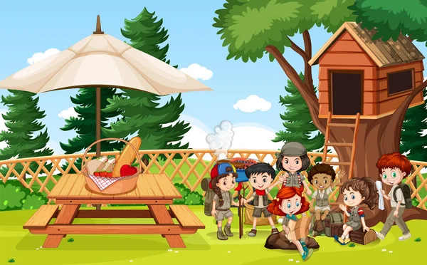 Σκηνή Παιδιά Στην Απεικόνιση Πάρκο — Διανυσματικό Αρχείο