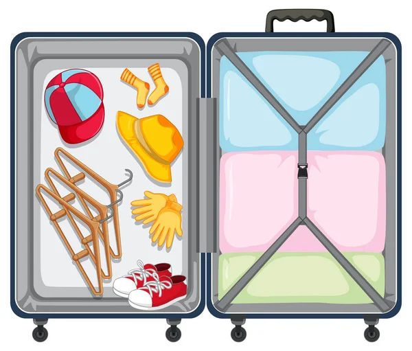 Bagages Ouverts Avec Accessoires Sur Fond Blanc Illustration — Image vectorielle