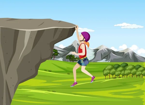 Escalada Roca Escena Con Mujer Escalada Ilustración — Vector de stock