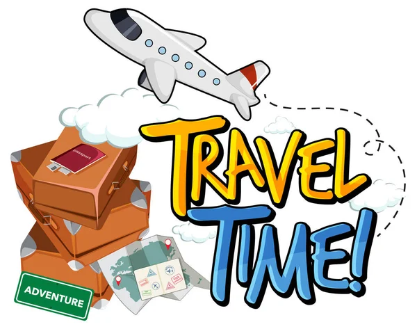 Travel Time Typografi Design Med Luggage Och Flygplan Illustration — Stock vektor