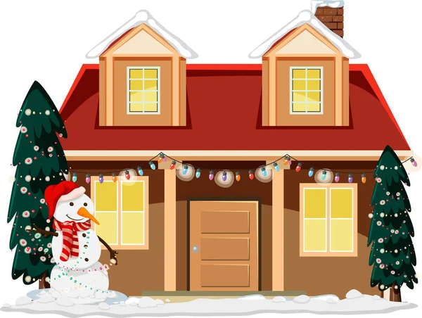 Snow Covered House Snowman Christmas Decorated Trees Illustration — Stock Vector