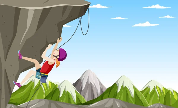 Rock Climbing Scene Dengan Wanita Mendaki Sendiri Ilustrasi - Stok Vektor