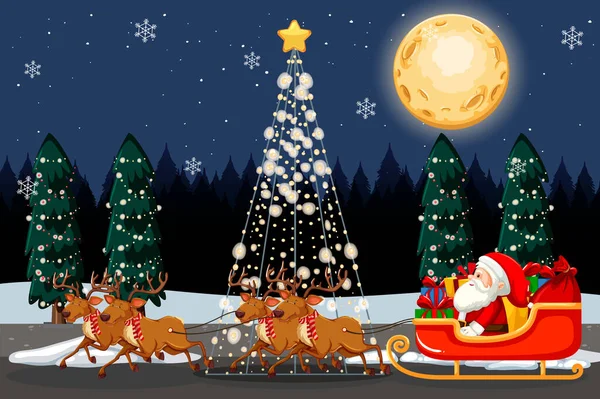 Scena Invernale Natale Con Babbo Natale Sulla Slitta Illustrazione — Vettoriale Stock