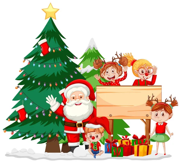 Santa Claus Niños Con Ilustración Tablero Madera Vacía — Vector de stock