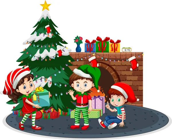 Glückliche Kinder Feiern Weihnachten Auf Weißem Hintergrund Illustration — Stockvektor