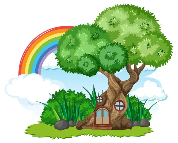 空のイラストで虹とファンタジーツリーハウス — ストックベクタ