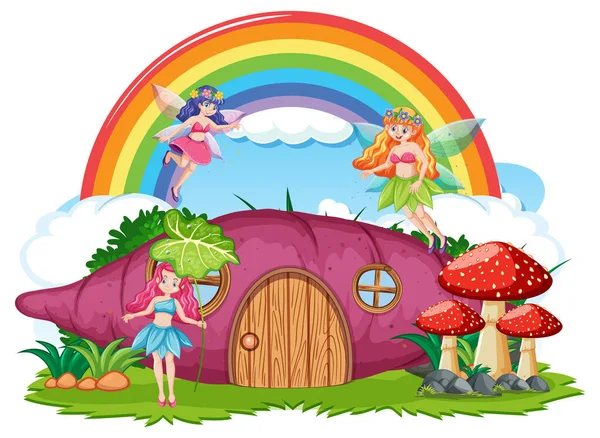 Fantasie Aardappel Huis Met Regenboog Lucht Illustratie — Stockvector