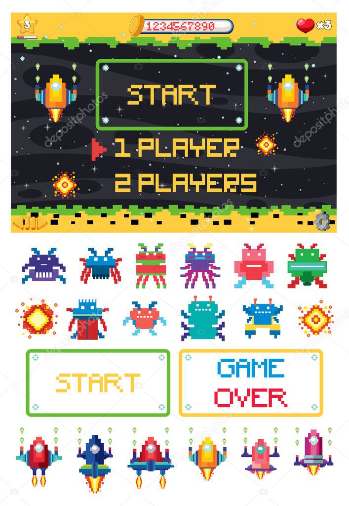 Retro pixel space game interface  illustration