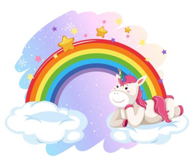 Pembe tek boynuzlu at gökkuşağı resimli bir bulutun üzerinde yatıyor.