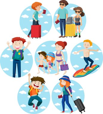 Beyaz arkaplan resimlerinde seyahat temalı kadın ve erkek.