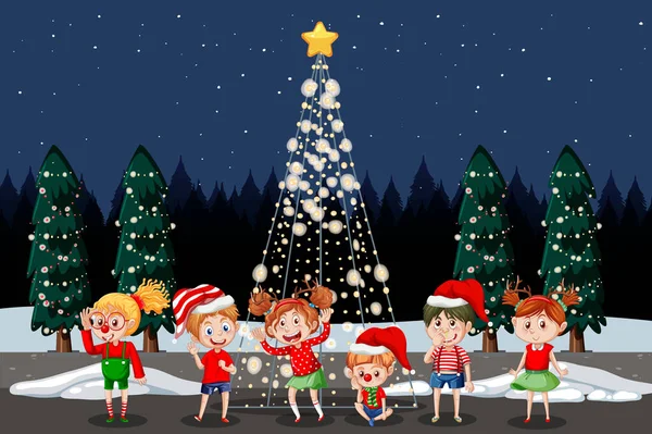 Scène Hiver Noël Avec Illustration Enfants Heureux — Image vectorielle