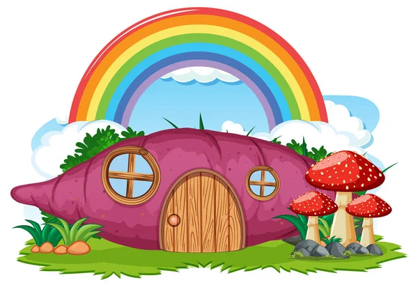 Fantasie Aardappel Huis Met Regenboog Lucht Illustratie — Stockvector