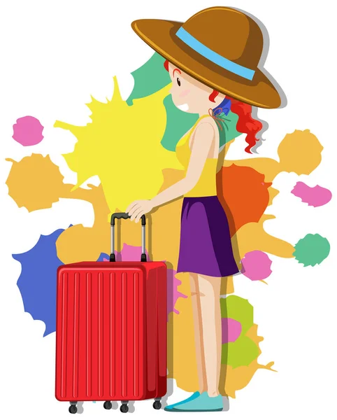 Happy Girl Red Luggage Colorful Background Illustration — Stock Vector