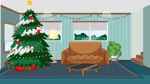 Prázdný Obývací Pokoj Vánoční Stromeček Ilustrace — Stockový vektor