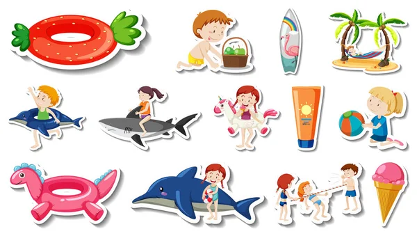 Conjunto Artículos Playa Verano Ilustración Para Niños — Vector de stock