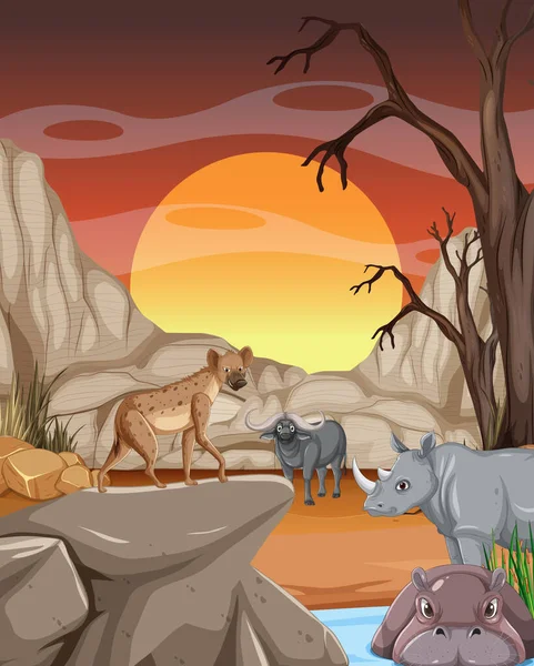 Tropische Bos Scène Met Wilde Dieren Illustratie — Stockvector