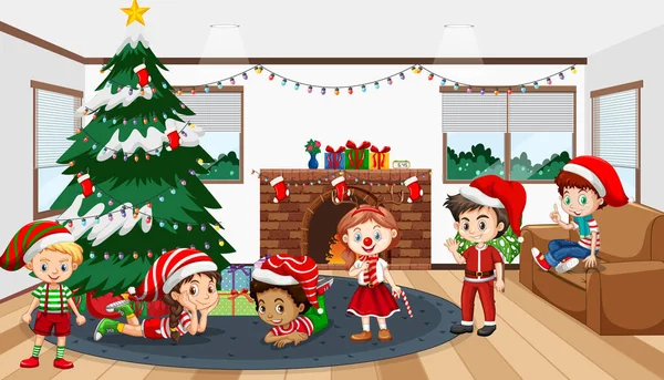 Bambini Che Festeggiano Natale Casa Illustrazione — Vettoriale Stock