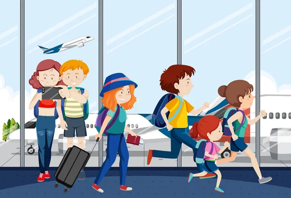 Terminal Aéroport Scène Avec Des Passagers Illustration Marche — Image vectorielle