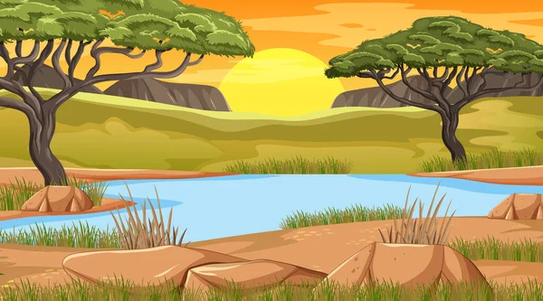 Lake Savanna Forest Sunset Time Illustration — Stock Vector