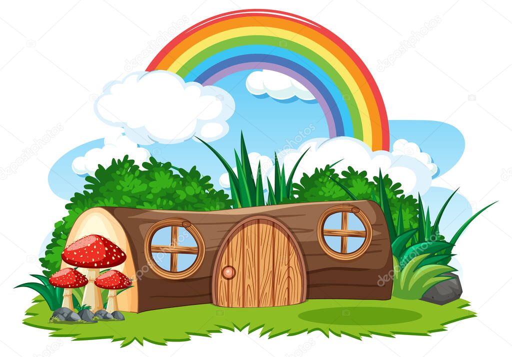 Fantasy timber house with rainbow in the sky  illustration