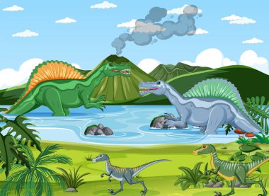Tarih öncesi orman sahnesinde dinozor.