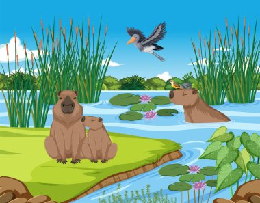 Nehir illüstrasyon yanında birçok hayvan