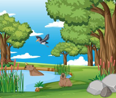 Orman illüstrasyonunda vahşi hayvanların olduğu sahne