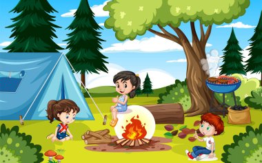 Park illüstrasyonunda çocukların olduğu sahne