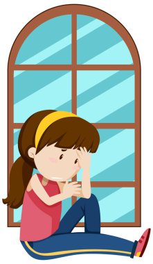 Pencerenin kenarında oturan üzgün kız.