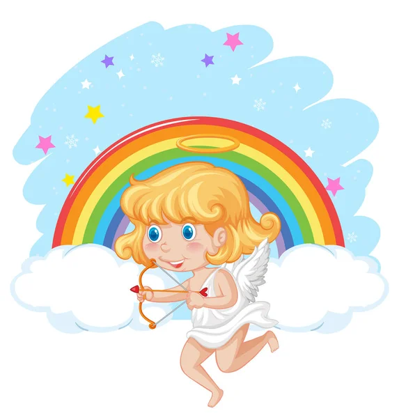 天使女孩举着弓箭在天空中插画 — 图库矢量图片