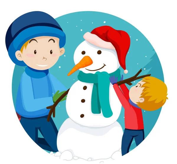 Christmas Theme Dad Son Build Snowman Illustration — Stock Vector