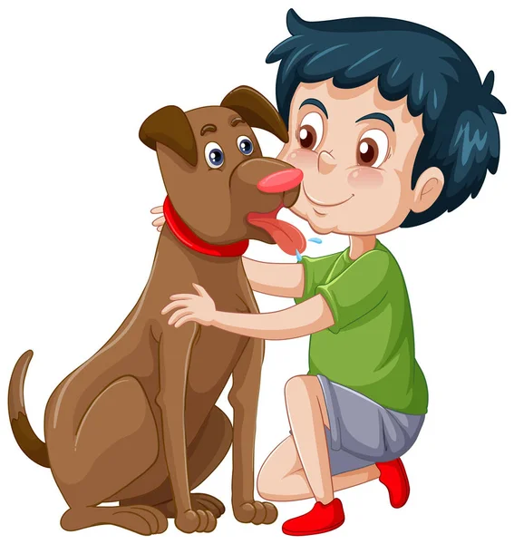 Niño Feliz Sentado Suelo Mascotas Perro Ilustración — Vector de stock