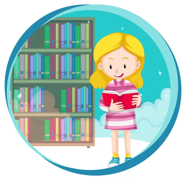 Little Girl Reading Book Library White Background Illustration — Stock Vector