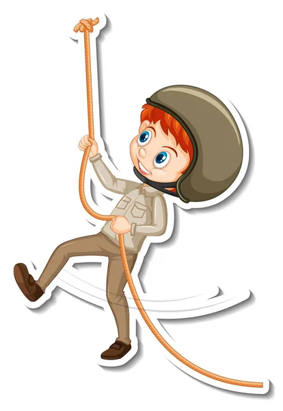 Safari Boy Hanging Rope Cartoon Character Sticker Illustration — Stock Vector