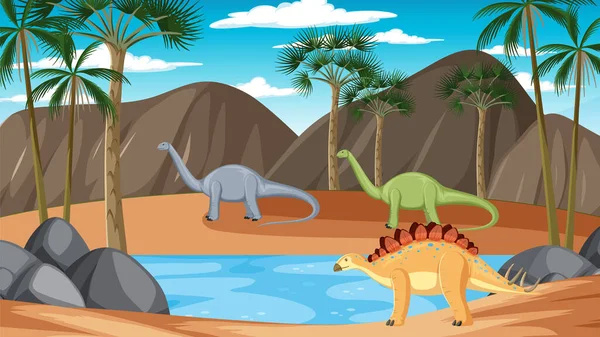 Dinosaurio Escena Prehistórica Del Bosque Ilustración — Vector de stock