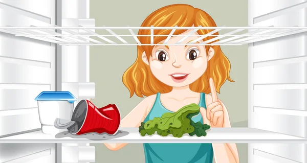 Девушка Заглядывающая Внутрь Иллюстрации Холодильника — стоковый вектор