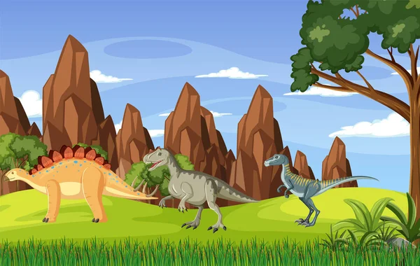 Сцена Динозаврами Полевой Иллюстрации — стоковый вектор