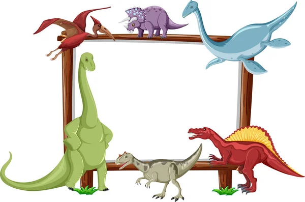 白い背景のイラストでボードの周りの恐竜のグループ — ストックベクタ