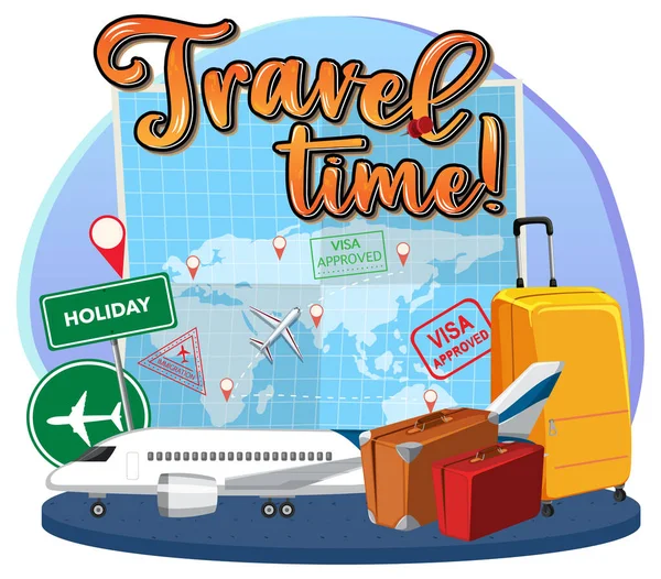 Logo Tipografía Travel Time Con Ilustración Objetos Itinerantes — Vector de stock