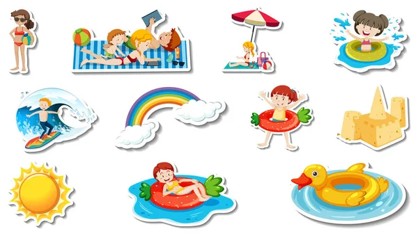 Conjunto Artículos Playa Verano Ilustración Para Niños — Vector de stock